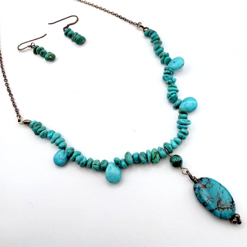 VTG Southwest Turquoise Jewelry set Pendant Necklace Earring 925 Sterling Silver